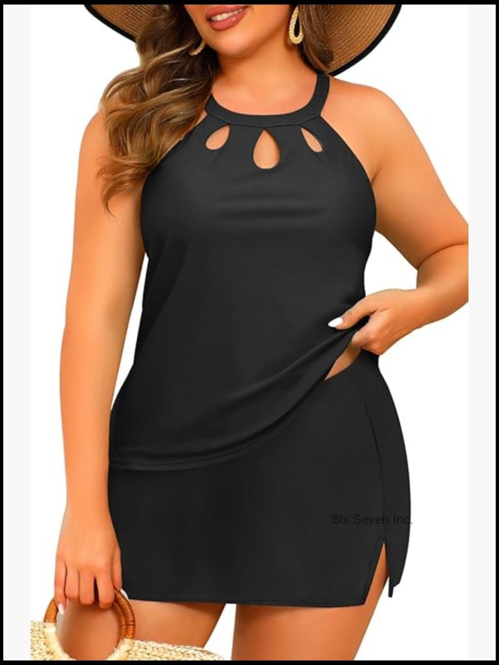 Plus Size Tankini with Skirt - Two Piece Swimsuit Tummy Control High Neck
